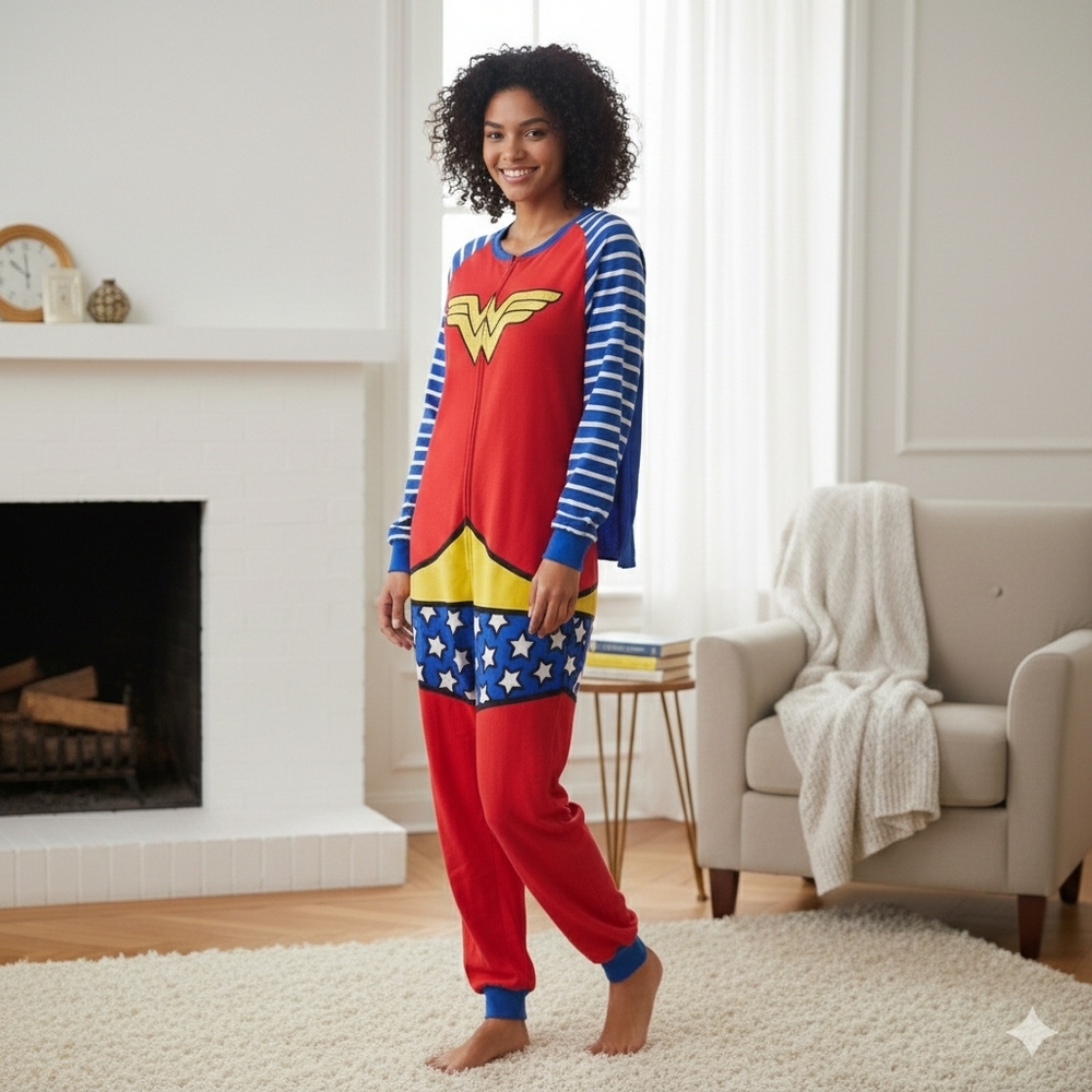 Wonder Woman Sze XS/S PJs Onesie Pajamas Hero Fleece Long Costume WW84 DC Comics - Picture 2 of 12